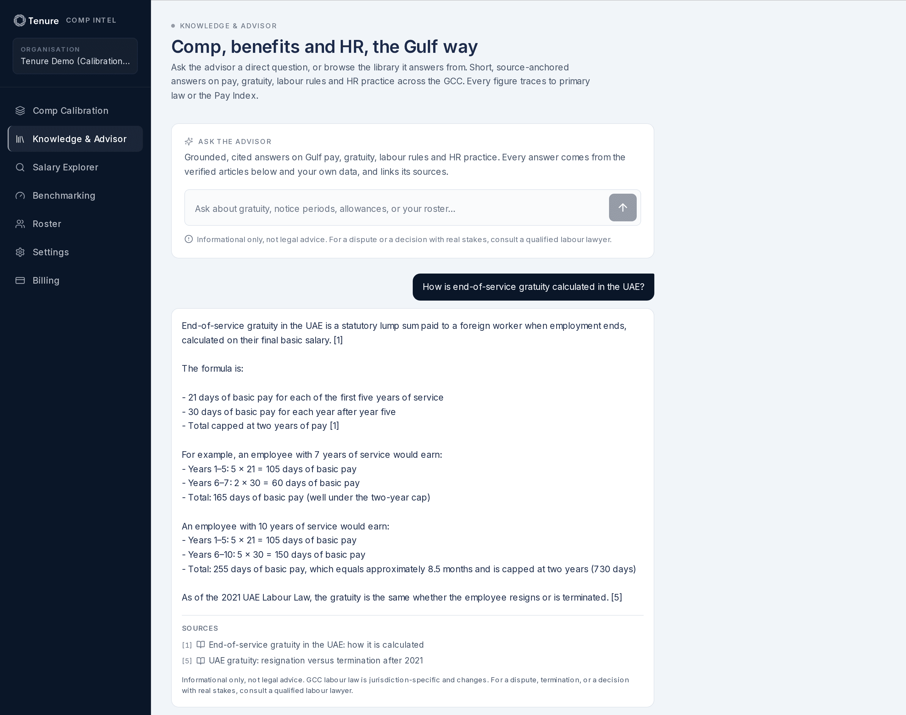 The Knowledge & Advisor surface inside the Tenure dashboard: a question about how end-of-service gratuity is calculated in the UAE, answered with the statutory formula of 21 days of basic pay per year for the first five years then 30 days after, a worked example, the post-2021 resignation rule, and a Sources block linking the verified gratuity articles the answer relied on.