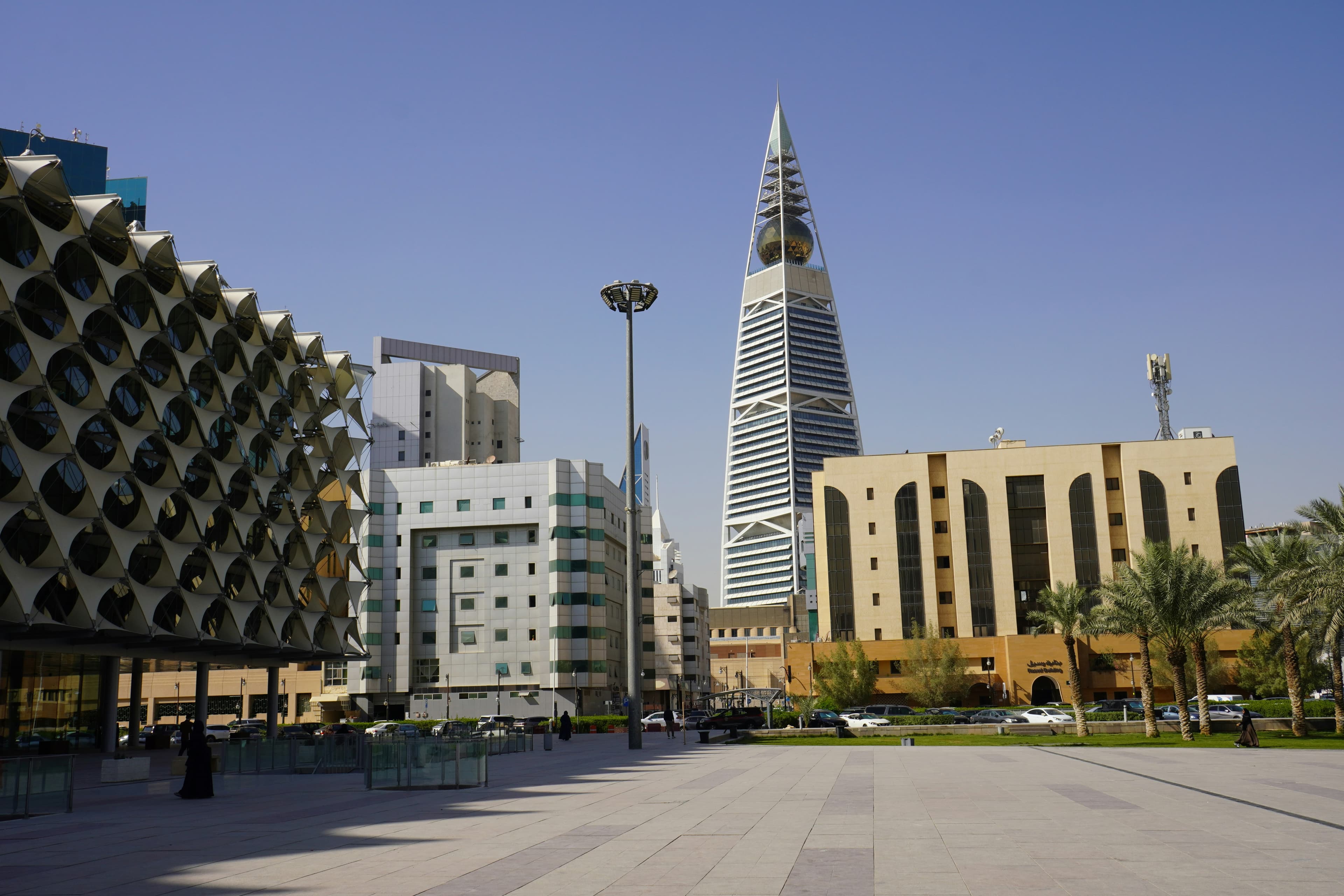 The Riyadh skyline with the Kingdom Centre tower rising above the surrounding towers.